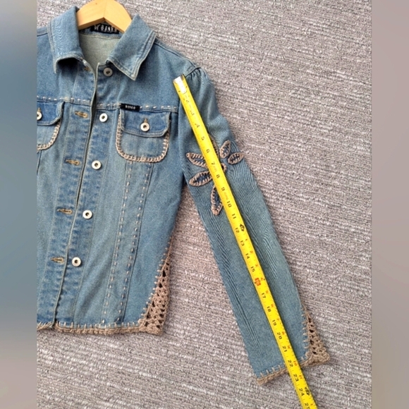 Vintage Bongo Womens (Small/3) Denim/Jean Jacket With Cream Crochet/Stitching - Picture 14 of 16
